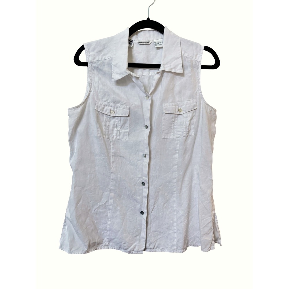 Richard Malcolm White 100% Irish Linen Sleeveless Button Up Top Large Pocketed